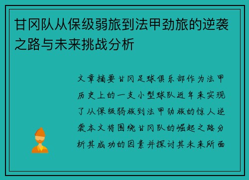 甘冈队从保级弱旅到法甲劲旅的逆袭之路与未来挑战分析