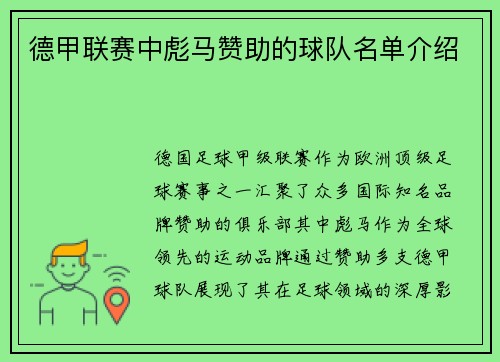 德甲联赛中彪马赞助的球队名单介绍