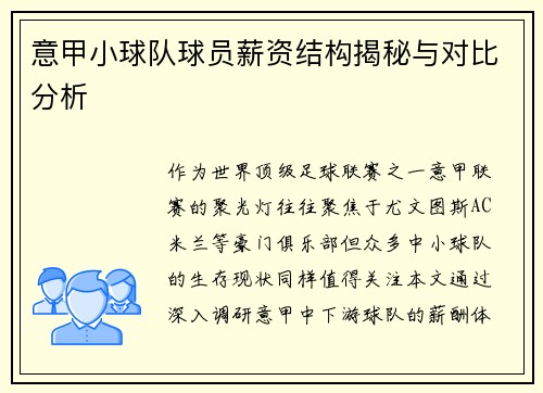 意甲小球队球员薪资结构揭秘与对比分析